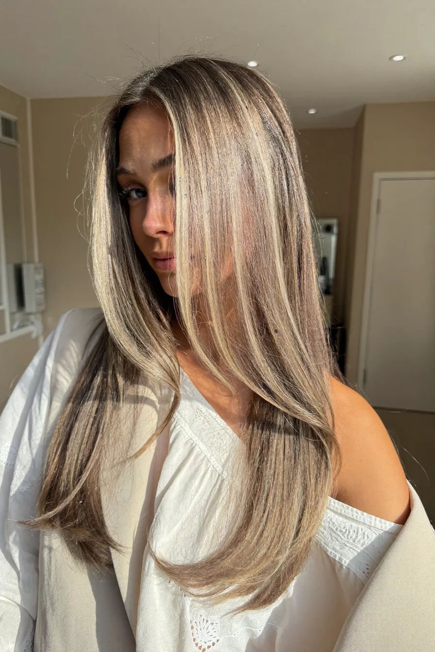 Ash Blonde Long Layered Cut with Face-Framing Highlights