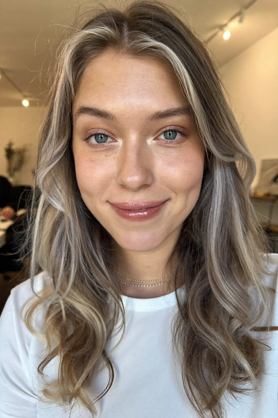 Soft Ash Blonde Long Layered Haircut with Face-Framing Waves