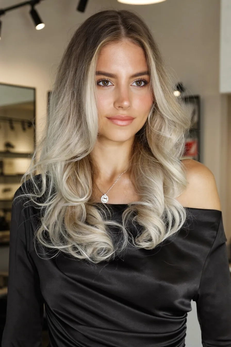 Voluminous Ash Blonde Long Layered Hair with Soft Face-Framing Waves