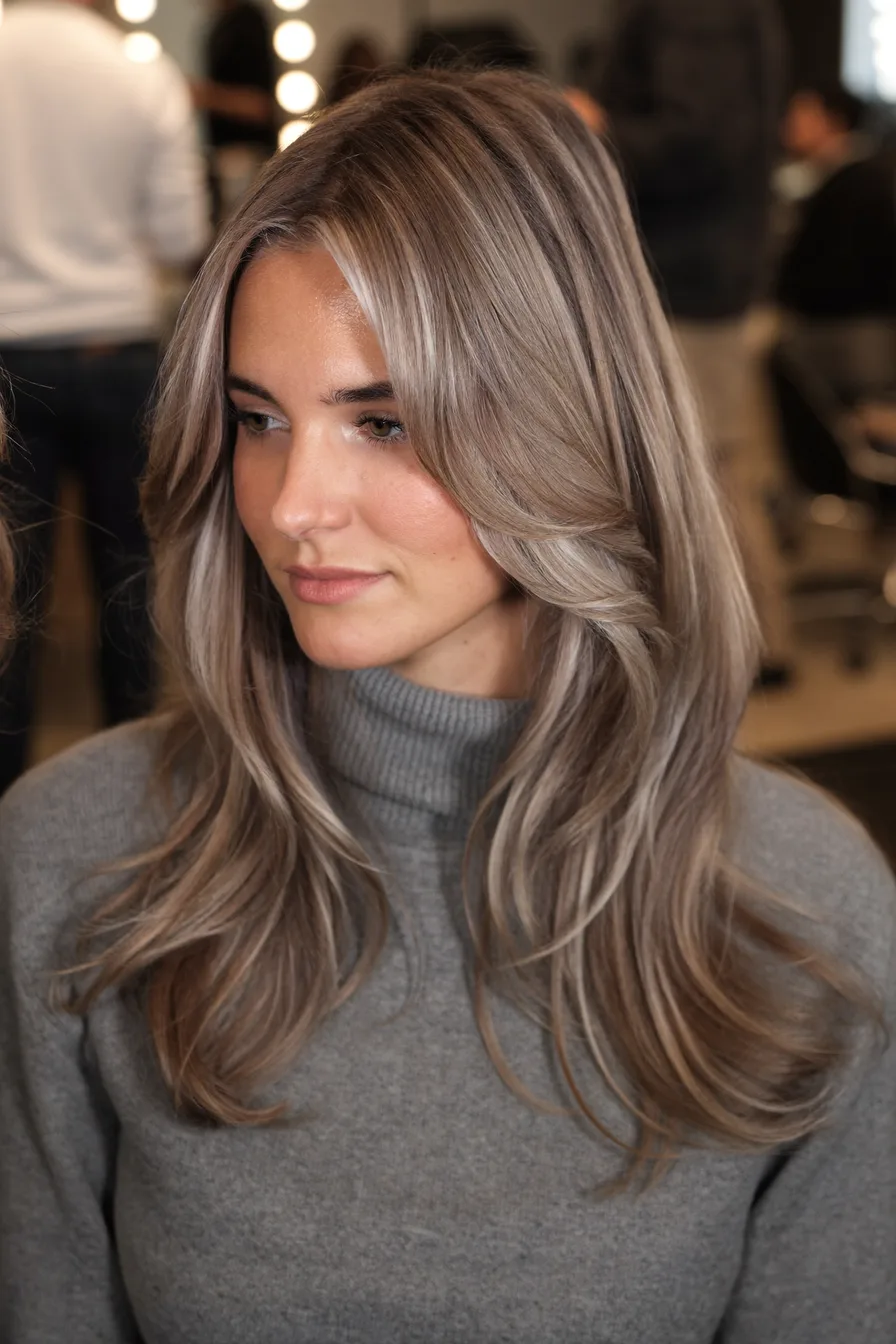 Luminous Ash Blonde Long Layered Hair with Face-Framing Waves