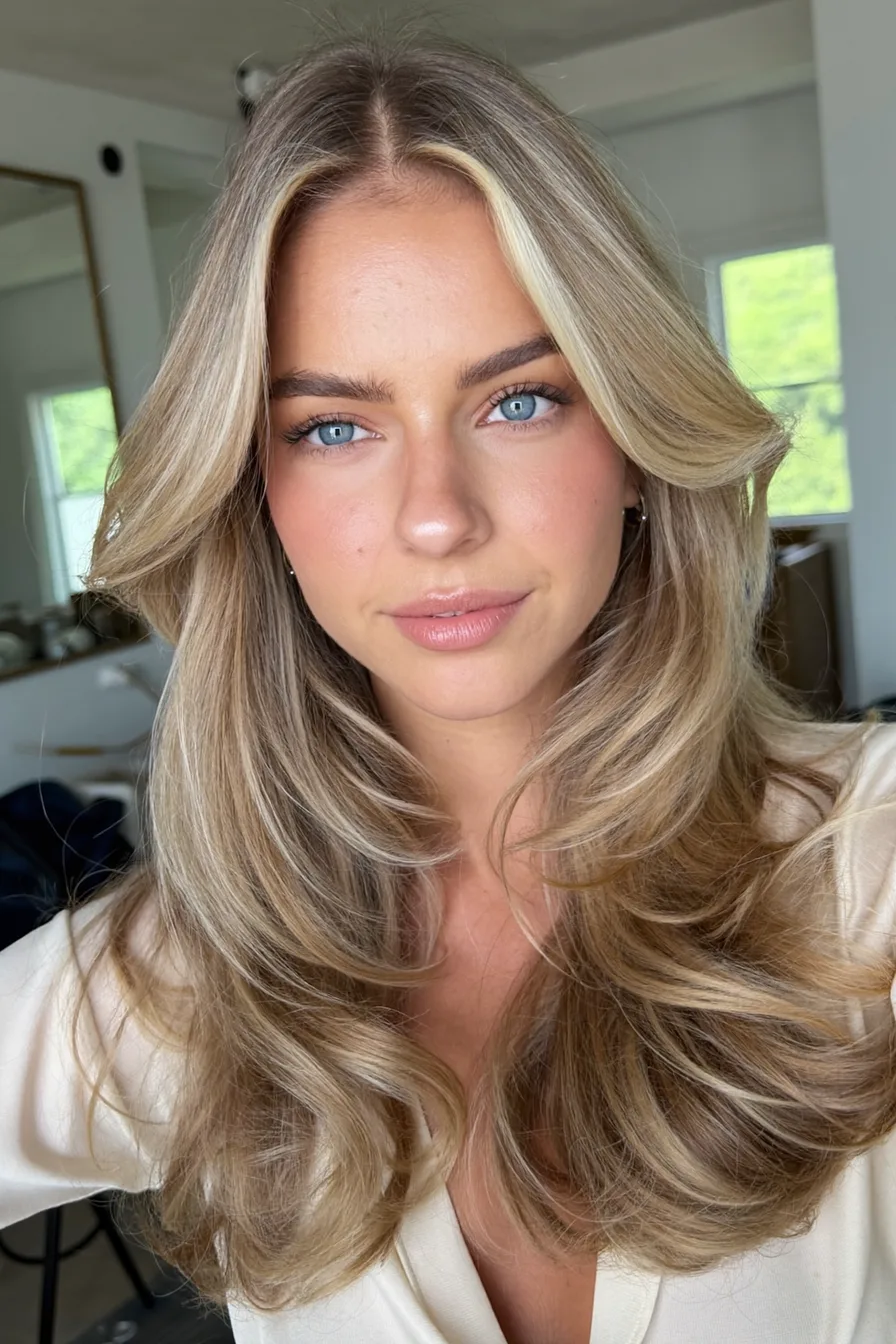 Soft Voluminous Ash Blonde Long Layered Hair with Face-Framing Highlights