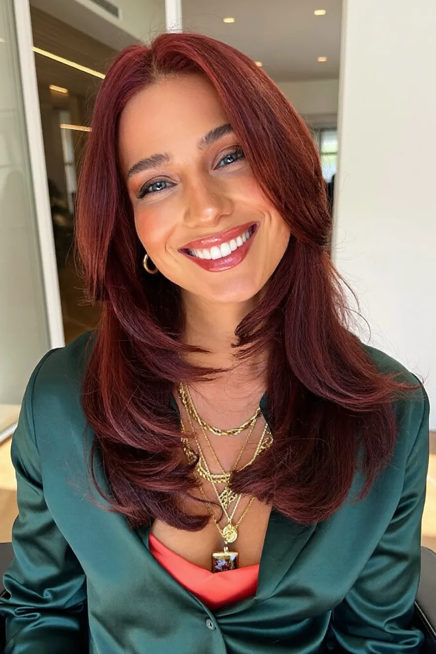Glossy Auburn Red Long Layered Cut with Face-Framing Waves