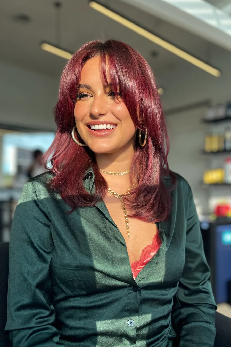 Glossy Auburn Red Long Layered Cut with Face-Framing Bangs