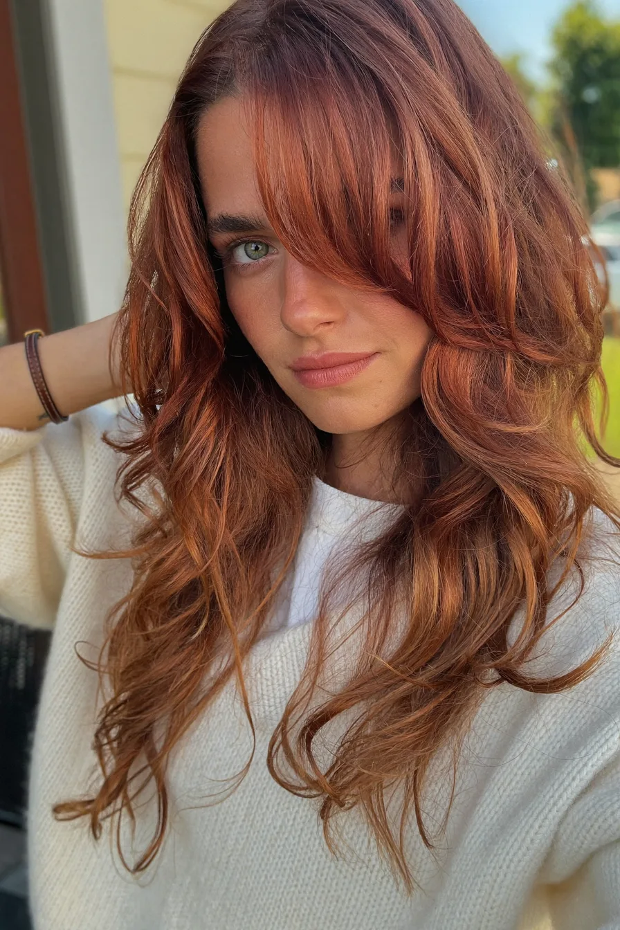 Effortlessly Voluminous Auburn Red Long Layered Hair with Face-Framing Pieces