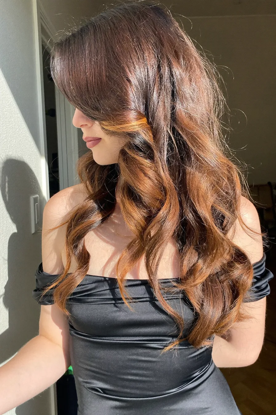 Rich Auburn Red Long Layered Waves With Glossy Finish