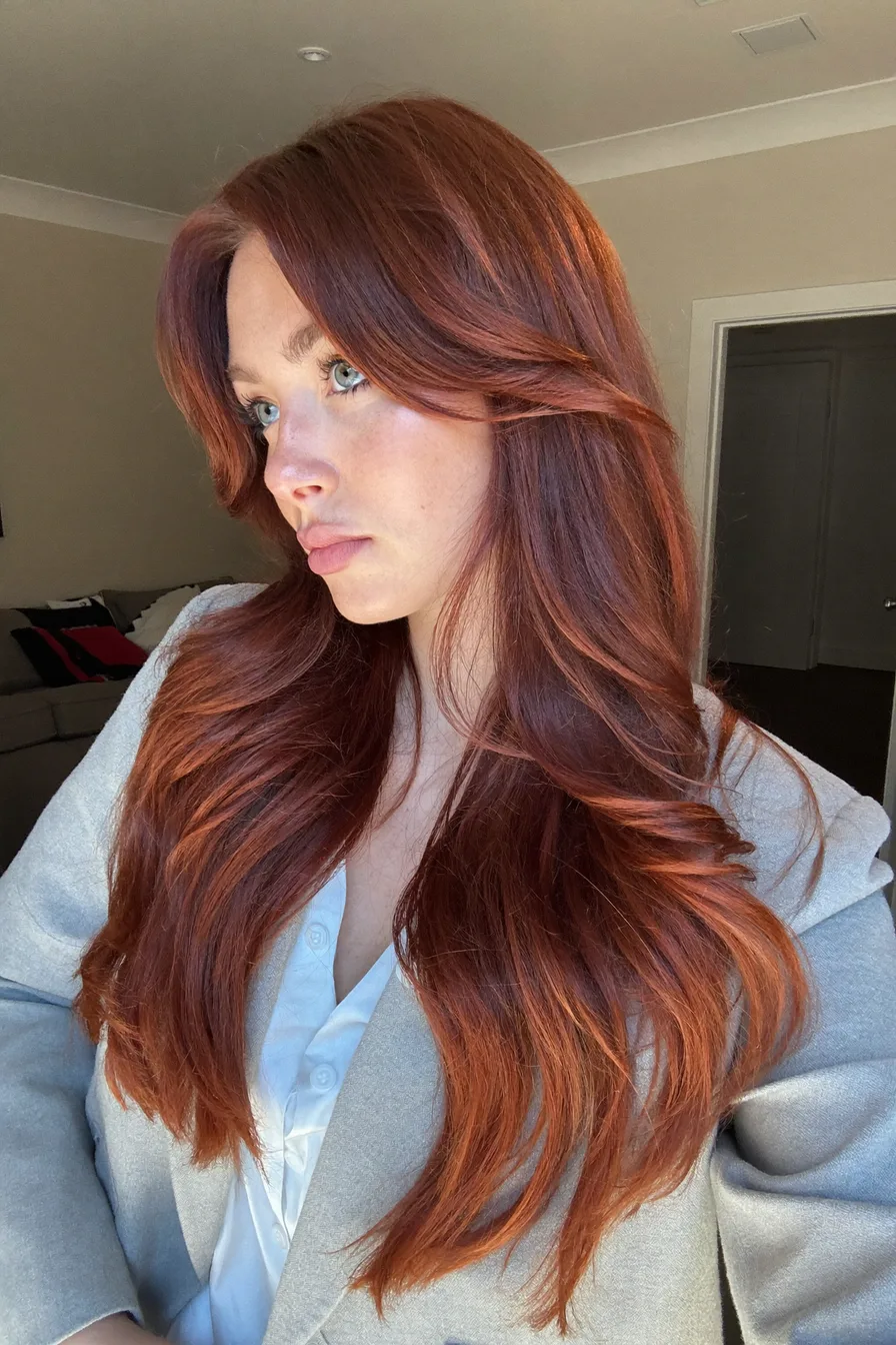 Elegant Auburn Red Long Layered Hair with Face-Framing Waves
