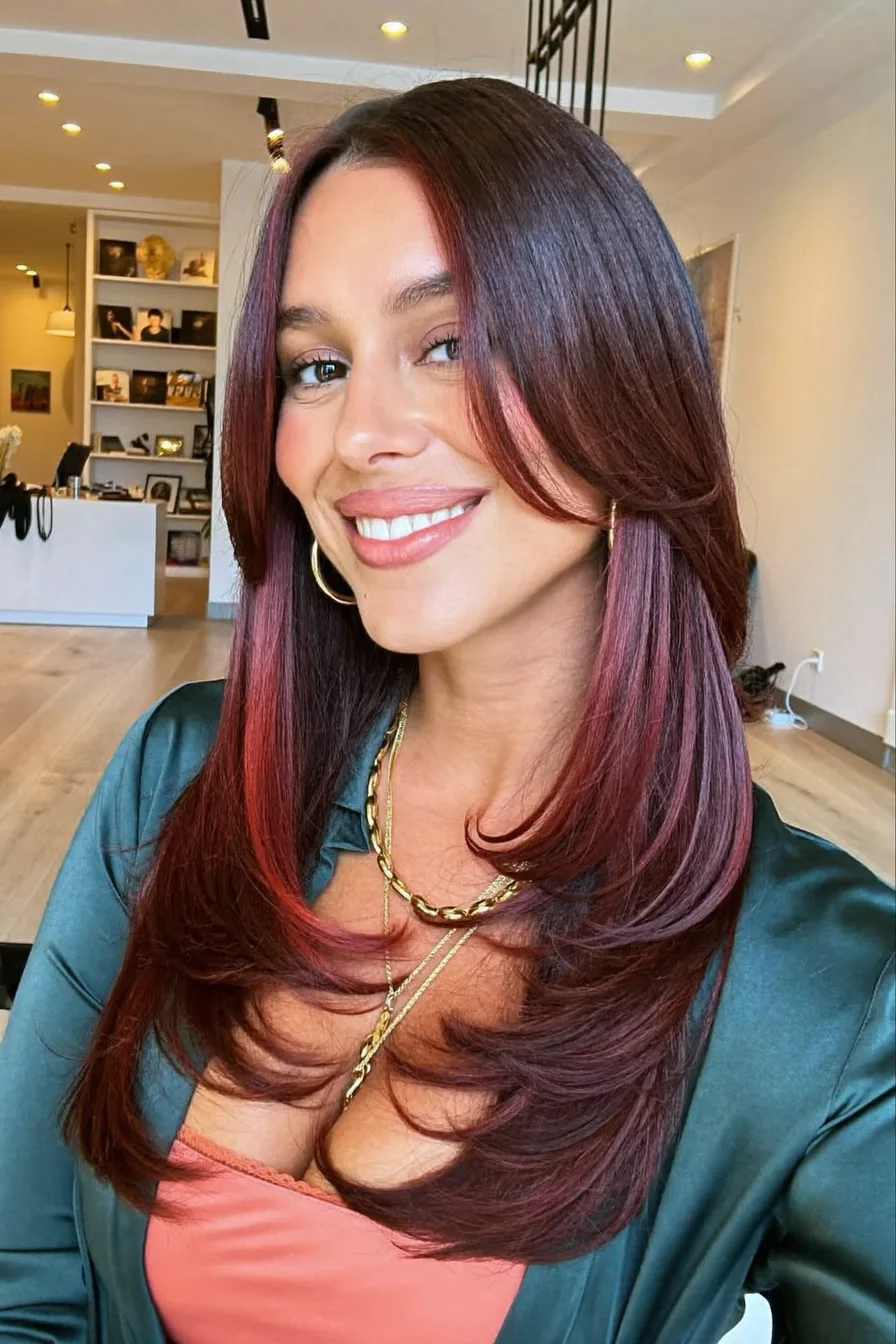 Glossy Auburn Red Long Layered Cut with Face-Framing Waves