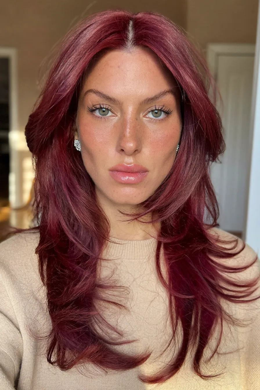 Glossy Auburn Red Long Layered Cut With Face-Framing Volume