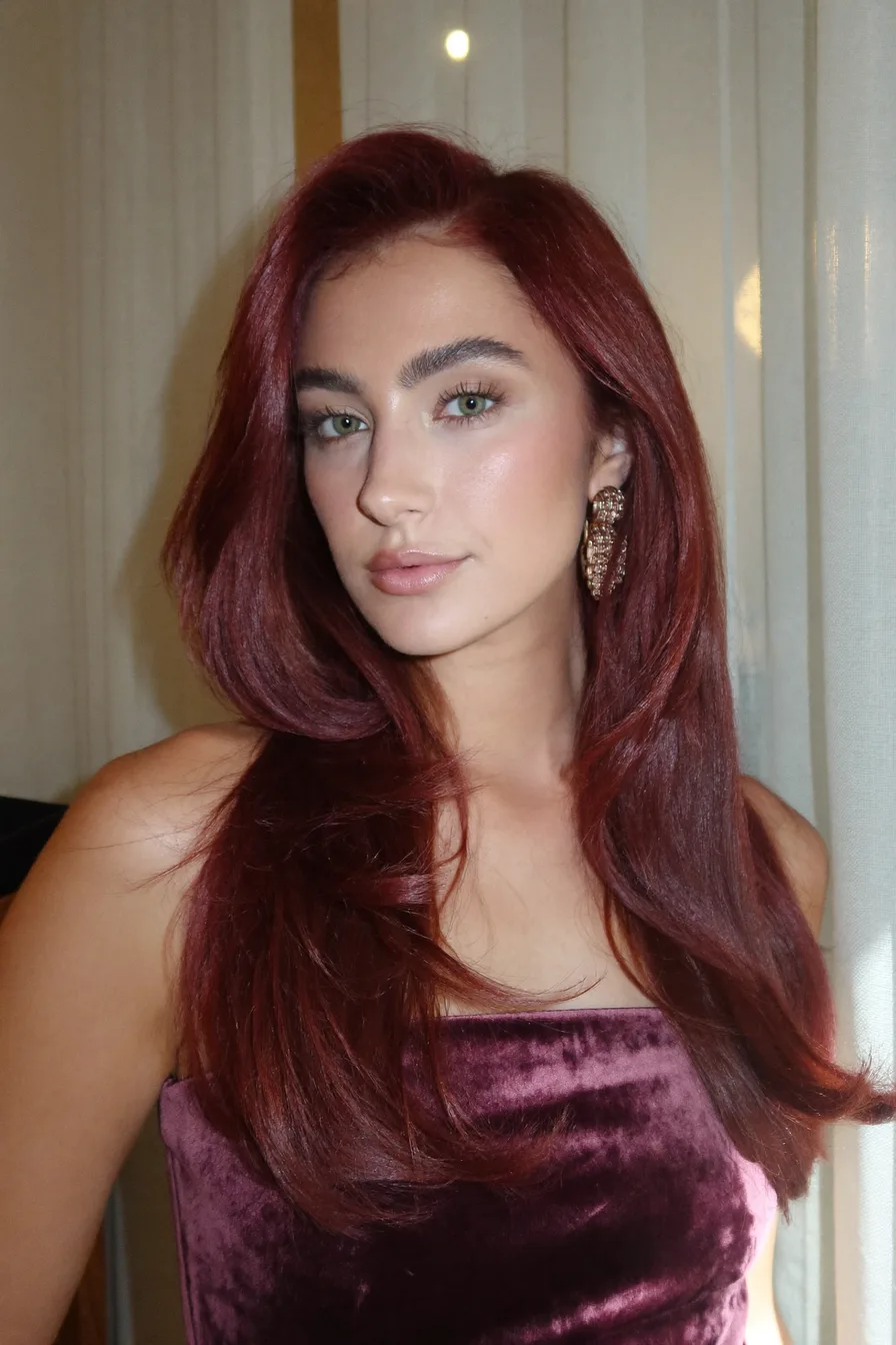 Elegant Auburn Red Long Layered Haircut with Face-Framing Volume