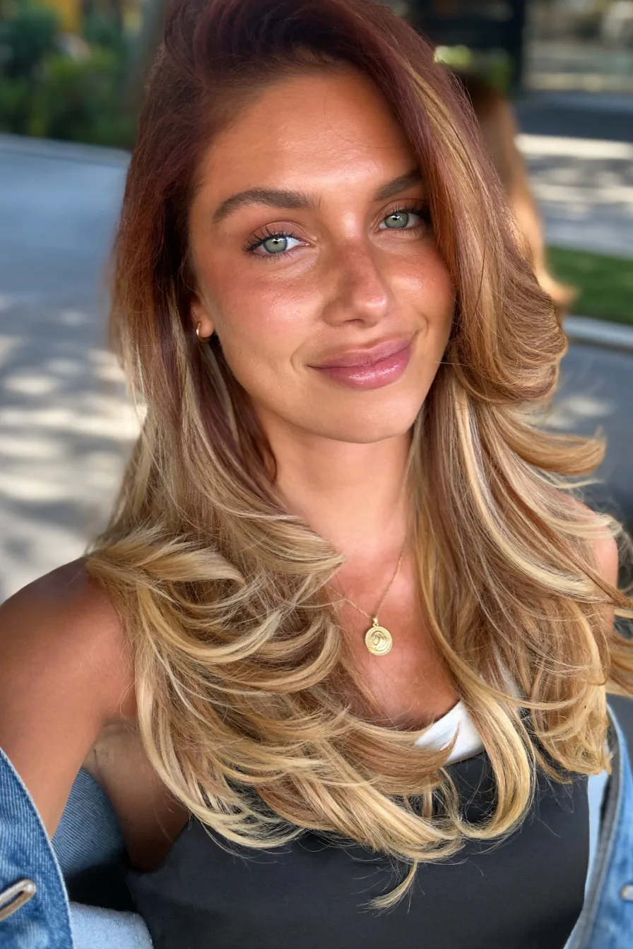 Face-Framing Balayage Blonde Long Layered Haircut With Feathered Ends
