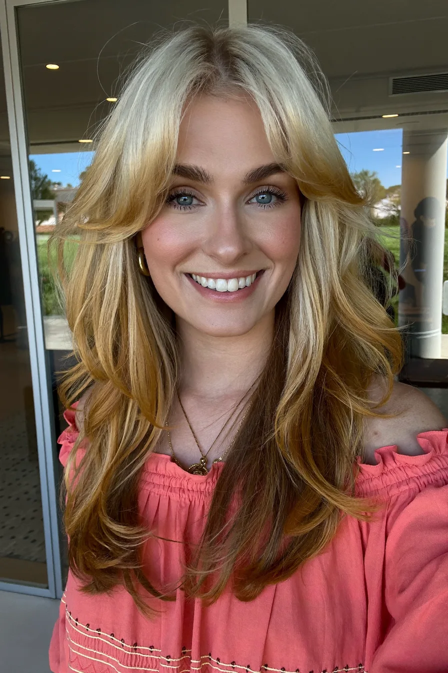 Voluminous Balayage Blonde Long Layered Haircut With Face-Framing Bangs