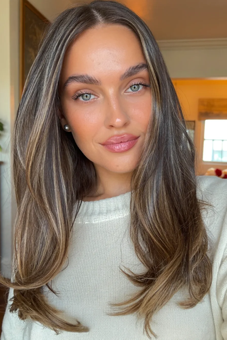 Soft Balayage Brunette Long Layered Cut With Face-Framing Highlights