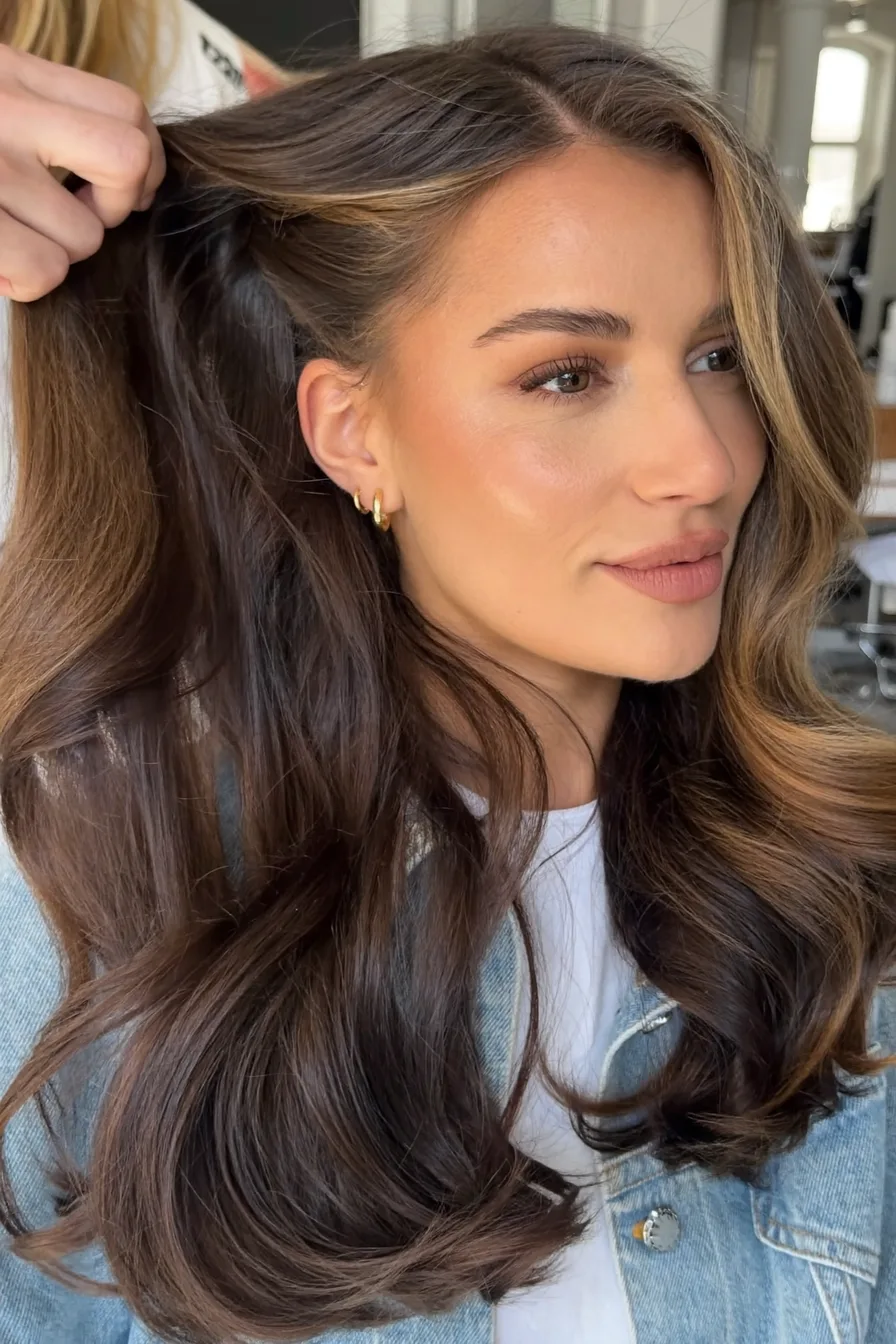 Soft Balayage Brunette Long Layered Waves with Face-Framing Highlights
