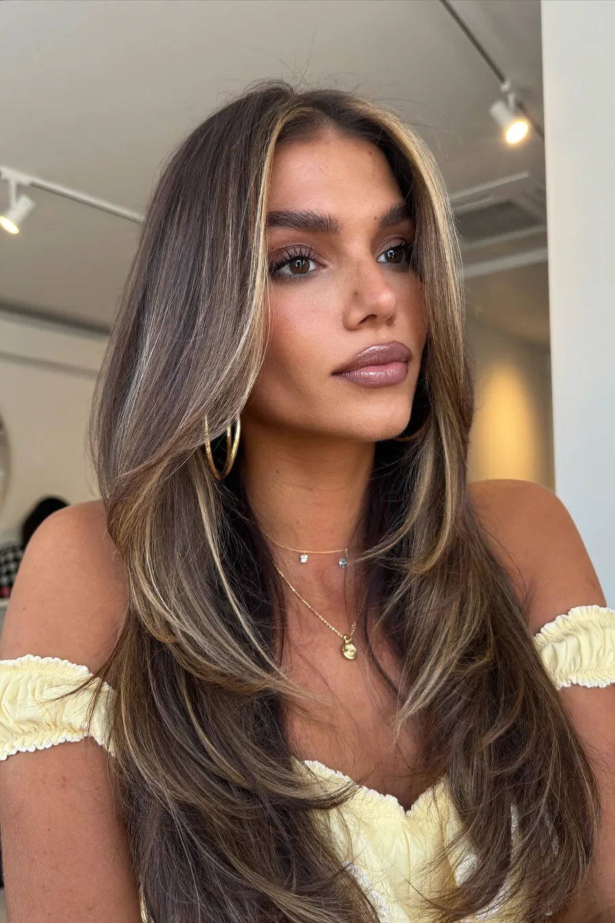 Lived-In Balayage Brunette Long Layered Haircut with Face-Framing Highlights