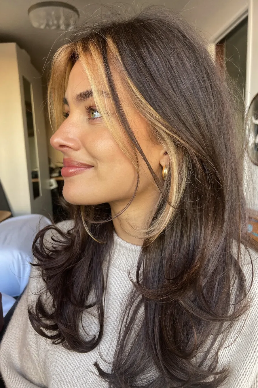 Balayage Brunette Long Layered Cut with Face-Framing Highlights