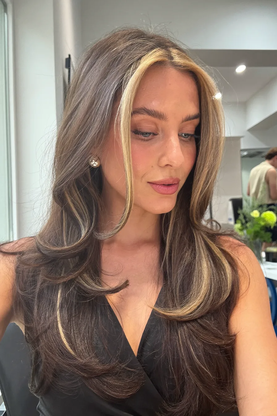 Balayage Brunette Long Layered Haircut With Face-Framing Highlights
