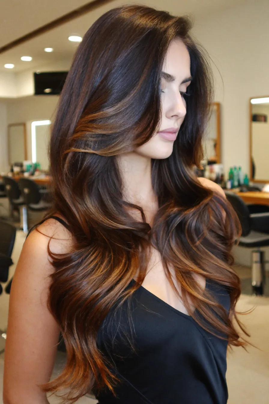 Sleek Balayage Brunette Long Layered Waves with Face-Framing Pieces