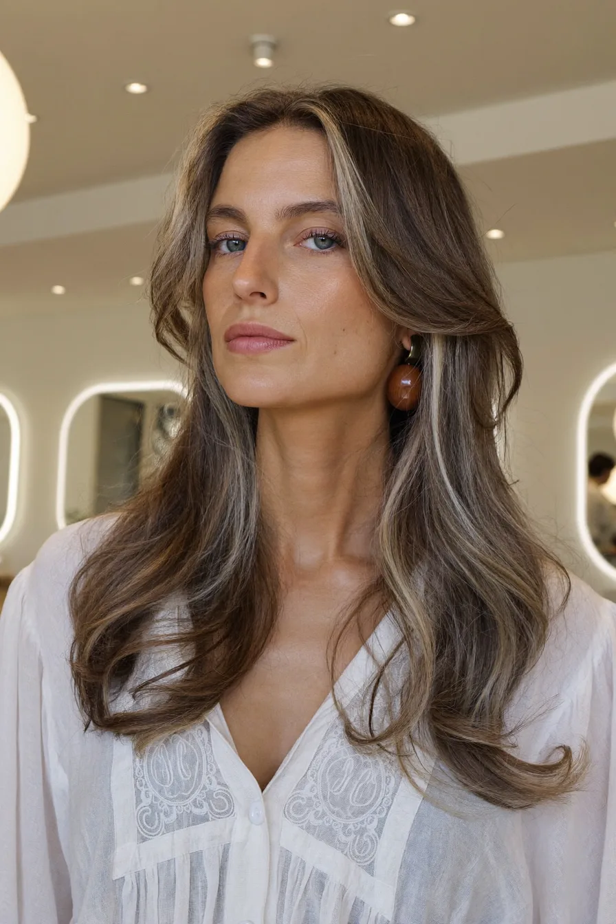 Face-Framing Balayage Brunette Long Layered Haircut for Effortless Glamour
