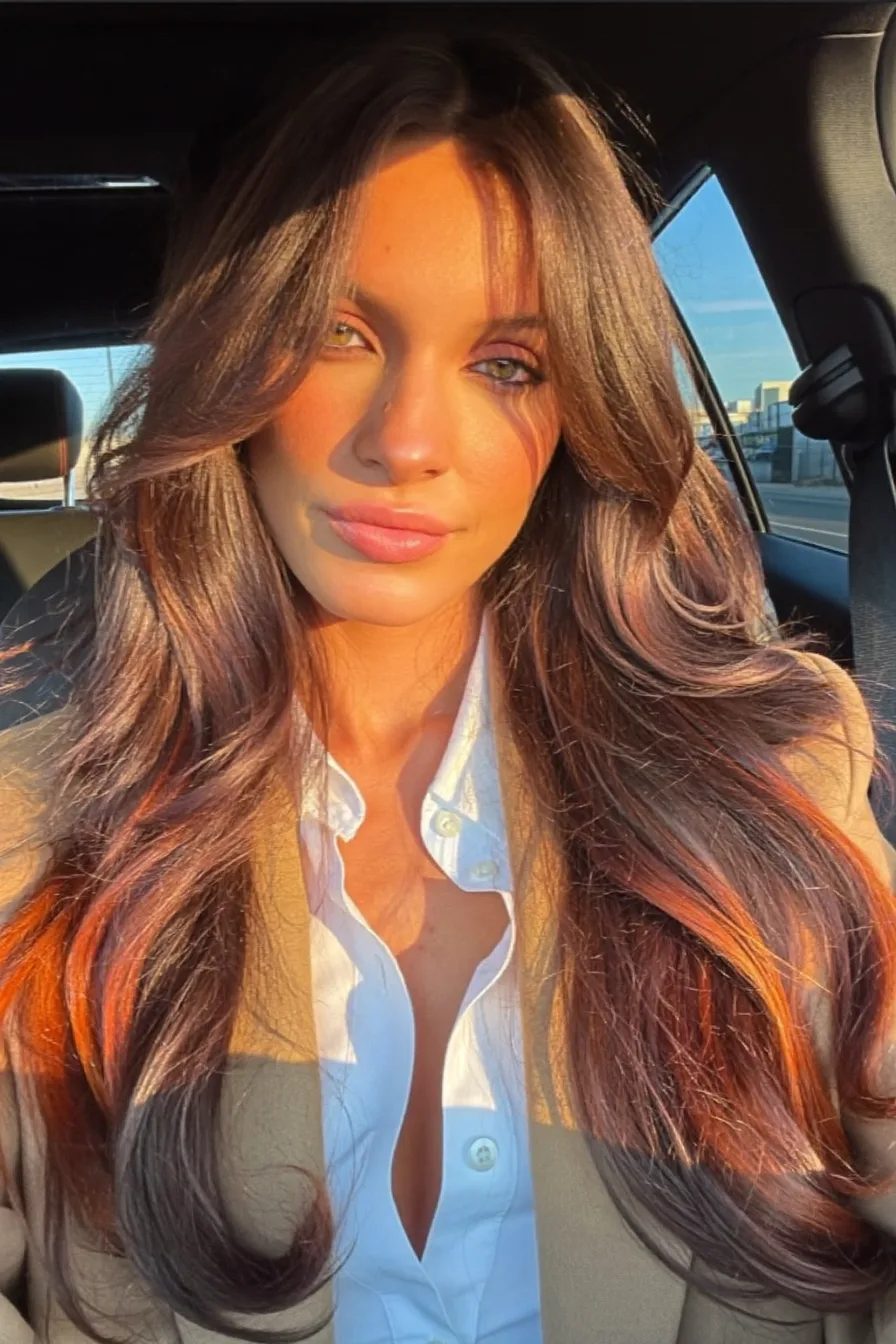 Radiant Balayage Brunette Long Layered Hair with Face-Framing Waves
