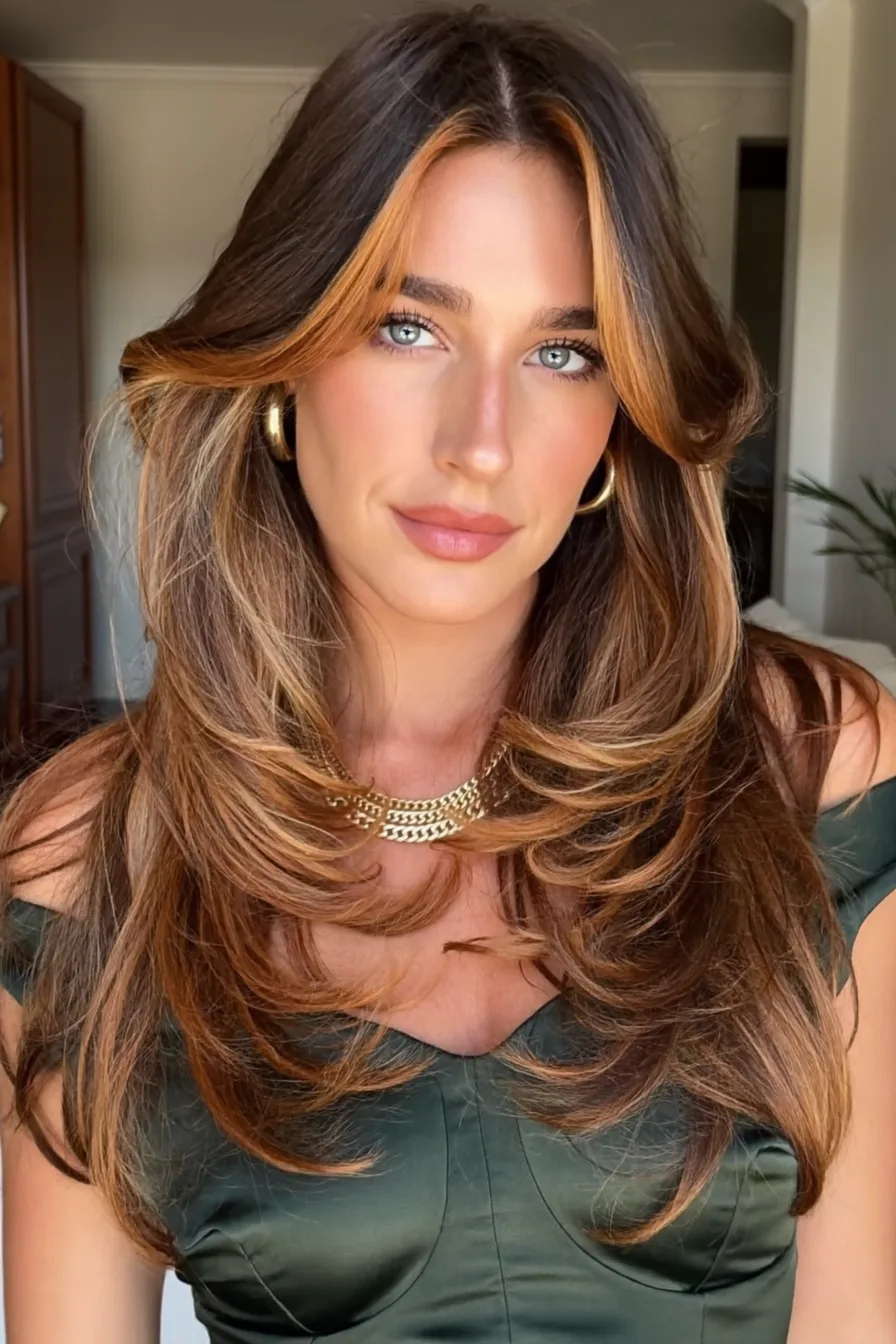 Voluminous Caramel Brown Long Layered Haircut with Face-Framing Layers