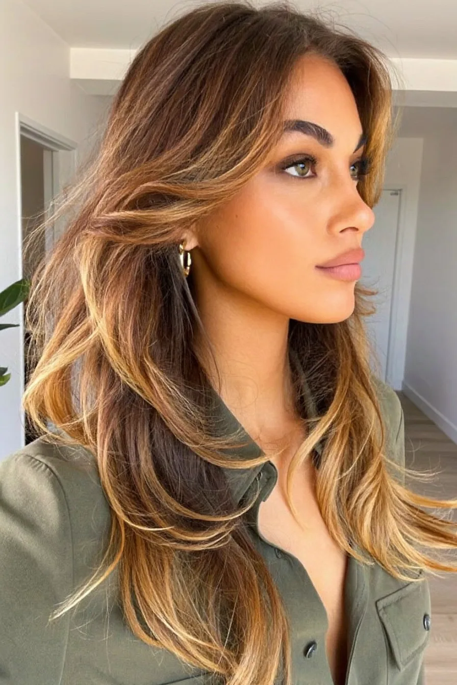 Softly Blended Caramel Brown Long Layered Hair With Face Framing