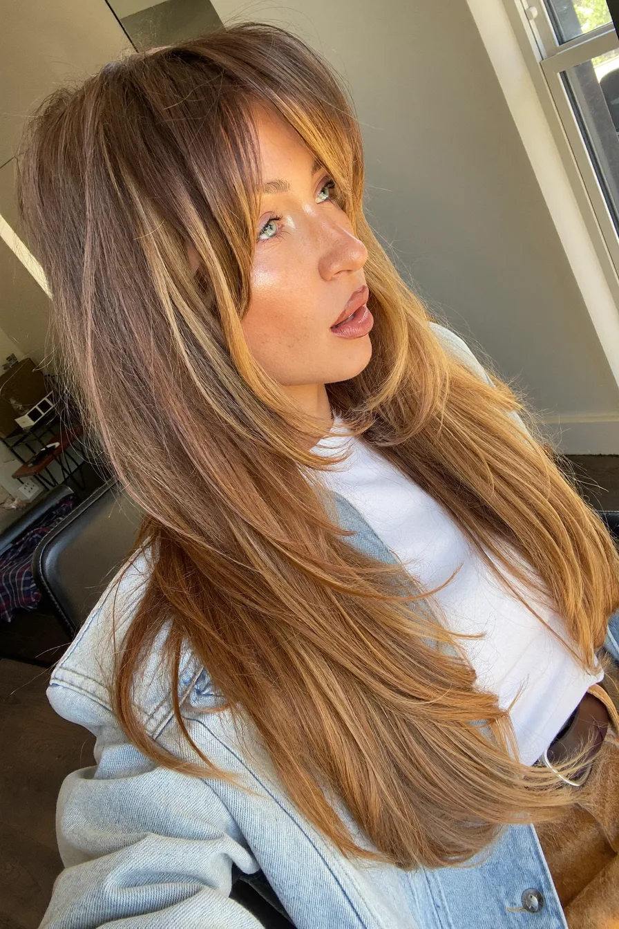 Caramel Brown Long Layered Cut with Face-Framing Volume