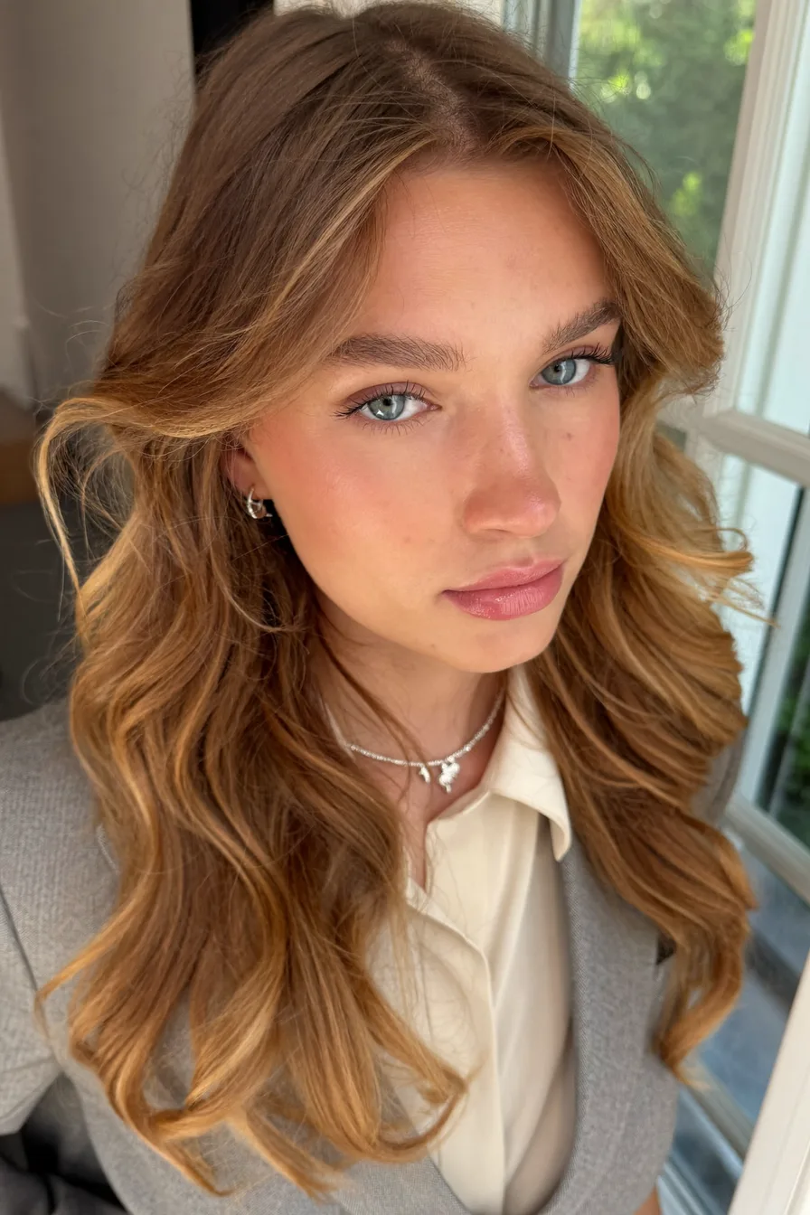 Soft Caramel Brown Long Layered Cut with Face-Framing Waves