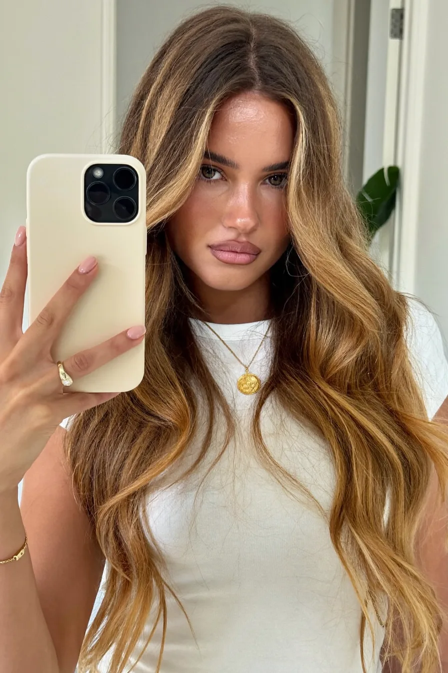 Glossy Caramel Brown Long Layered Waves with Face-Framing Pieces