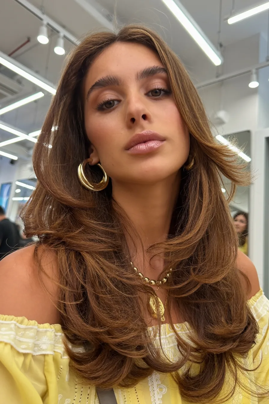 Voluminous Caramel Brown Long Layered Blowout with Soft Texture
