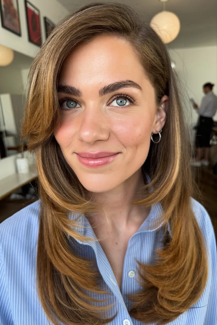 Soft Face-Framing Caramel Brown Long Layered Haircut with Volume