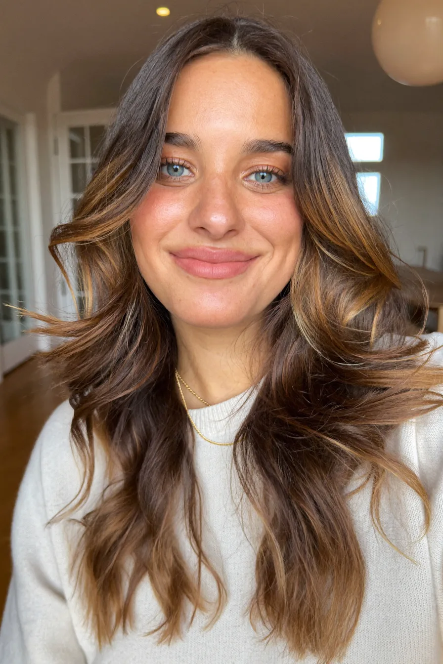 Face-Framing Caramel Brown Long Layered Hair with Soft Waves