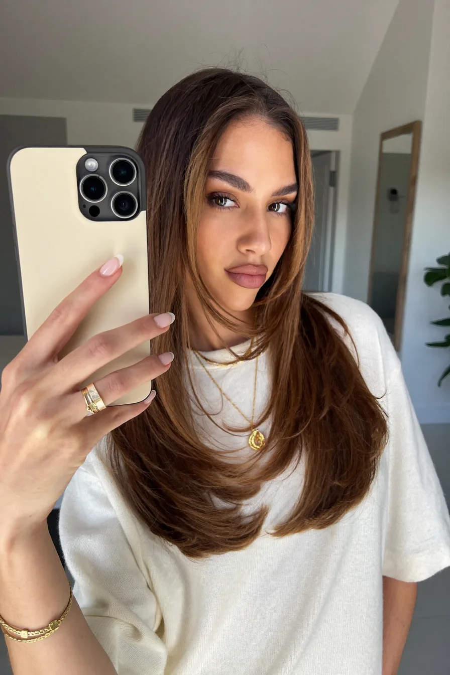 Polished Caramel Brown Long Layered Cut with Face-Framing Layers