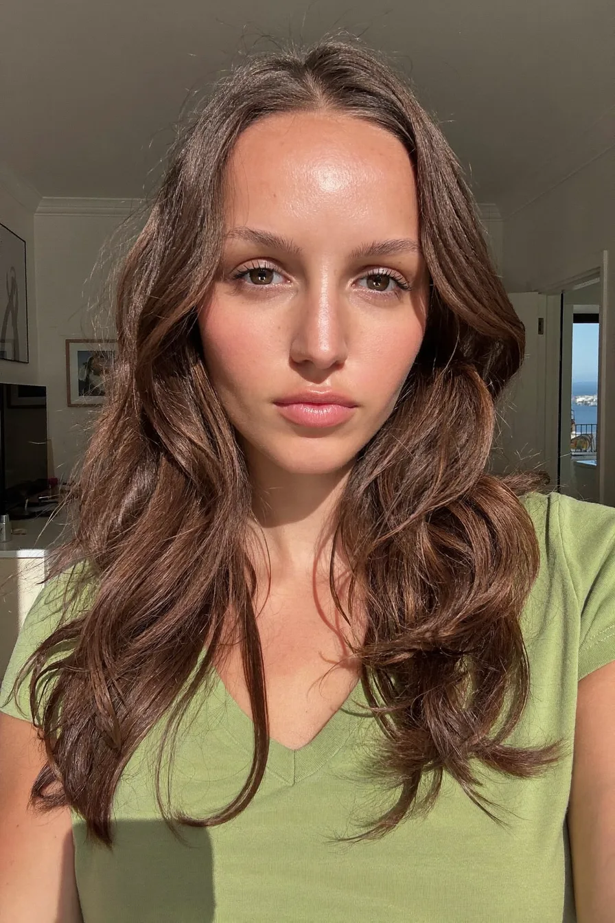 Sunkissed Chestnut Brown Long Layered Waves for Effortless Volume
