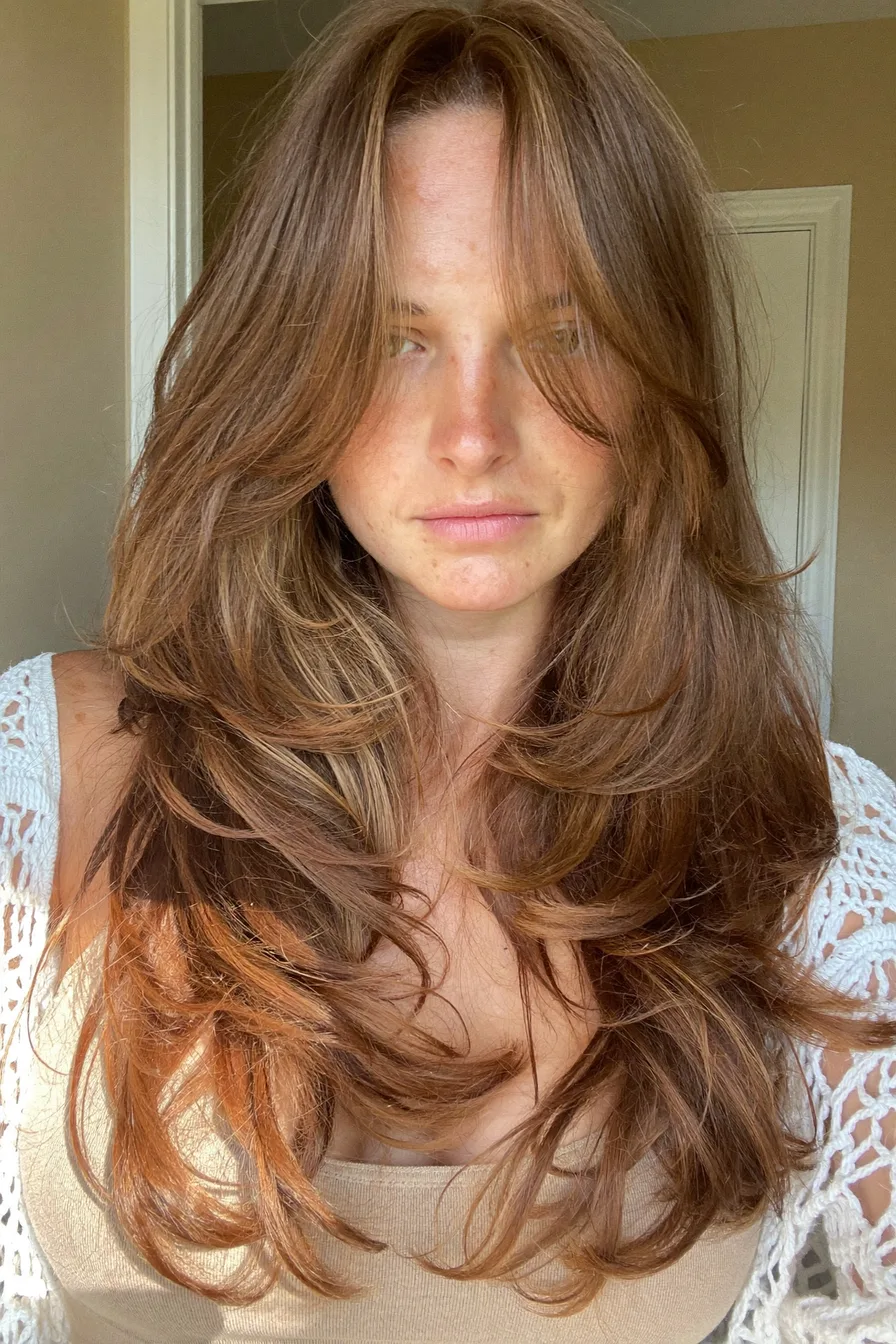 Voluminous Chestnut Brown Long Layered Haircut with Face-Framing Layers