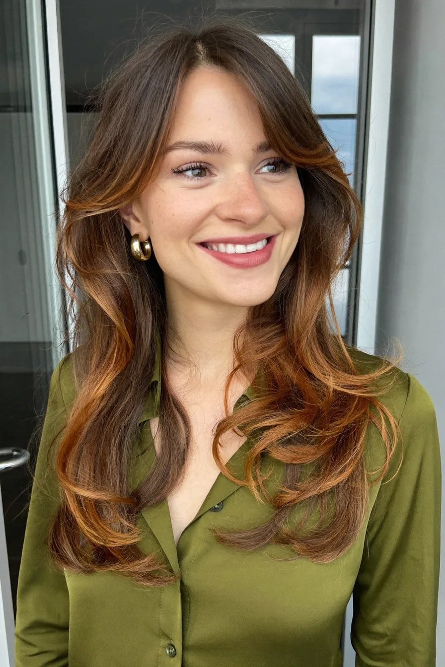 Soft Face-Framing Chestnut Brown Long Layered Haircut with Flipped Ends