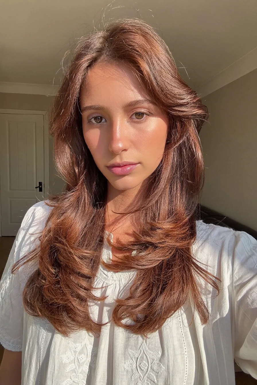 Voluminous Chestnut Brown Long Layered Hair with Face-Framing Flicks
