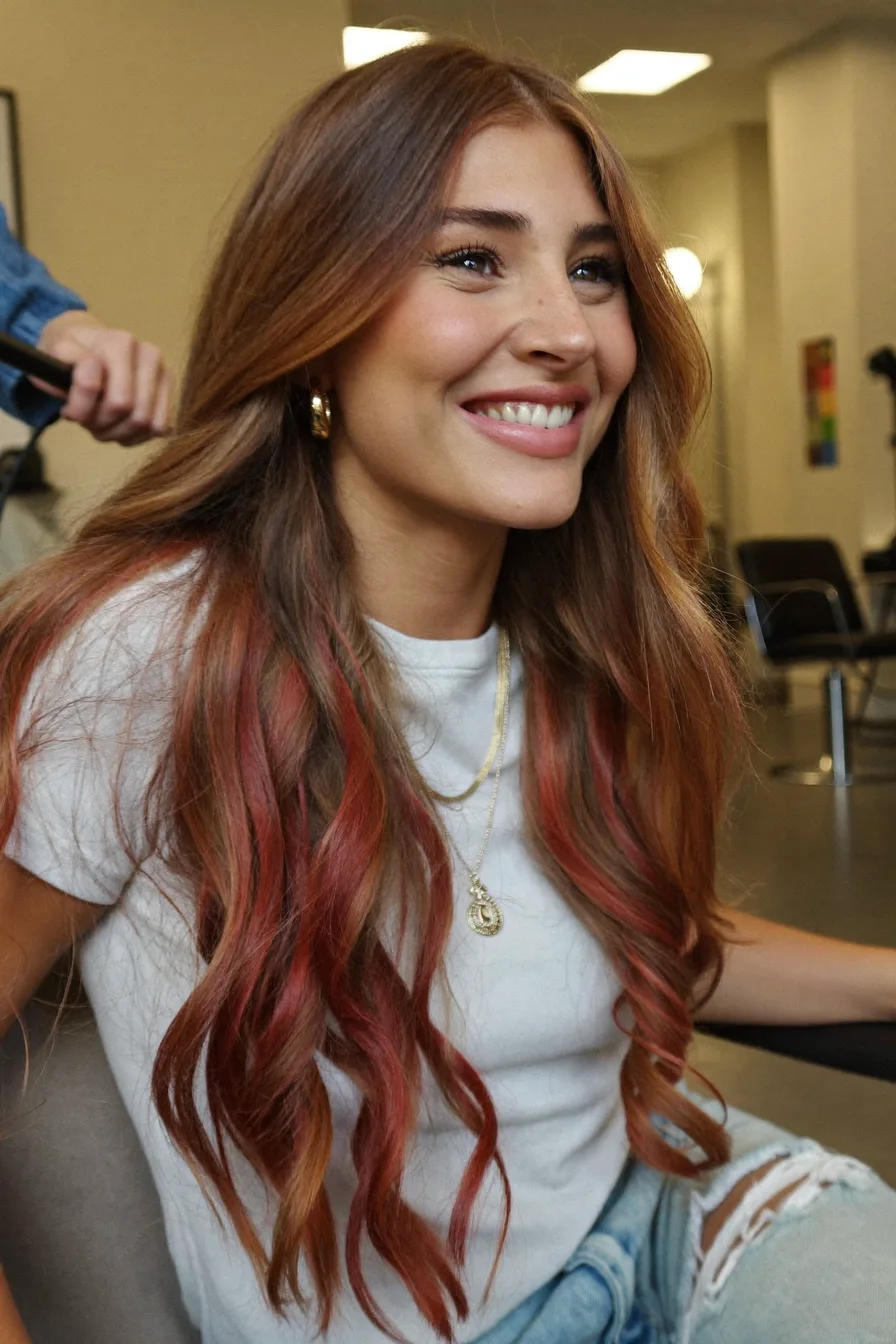 Vibrant Chestnut Brown Long Layered Waves with Subtle Copper Accents