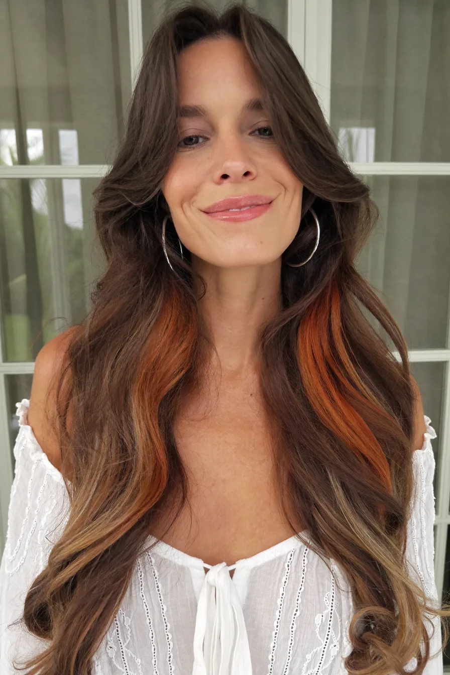 Soft Chestnut Brown Long Layered Hair With Face-Framing Bangs