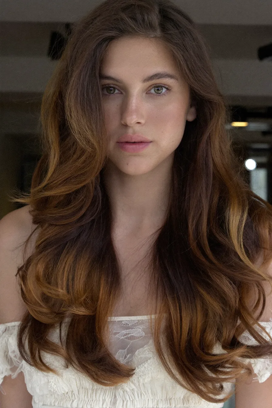 Soft Face-Framing Chestnut Brown Long Layered Haircut with Volume
