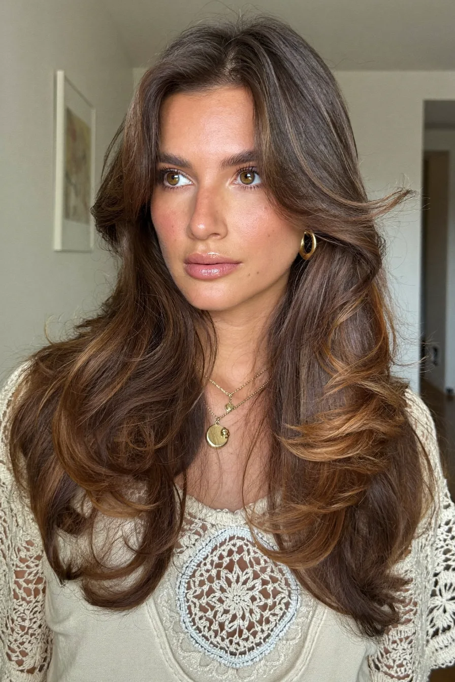 Voluminous Chestnut Brown Long Layered Cut with Face-Framing Waves