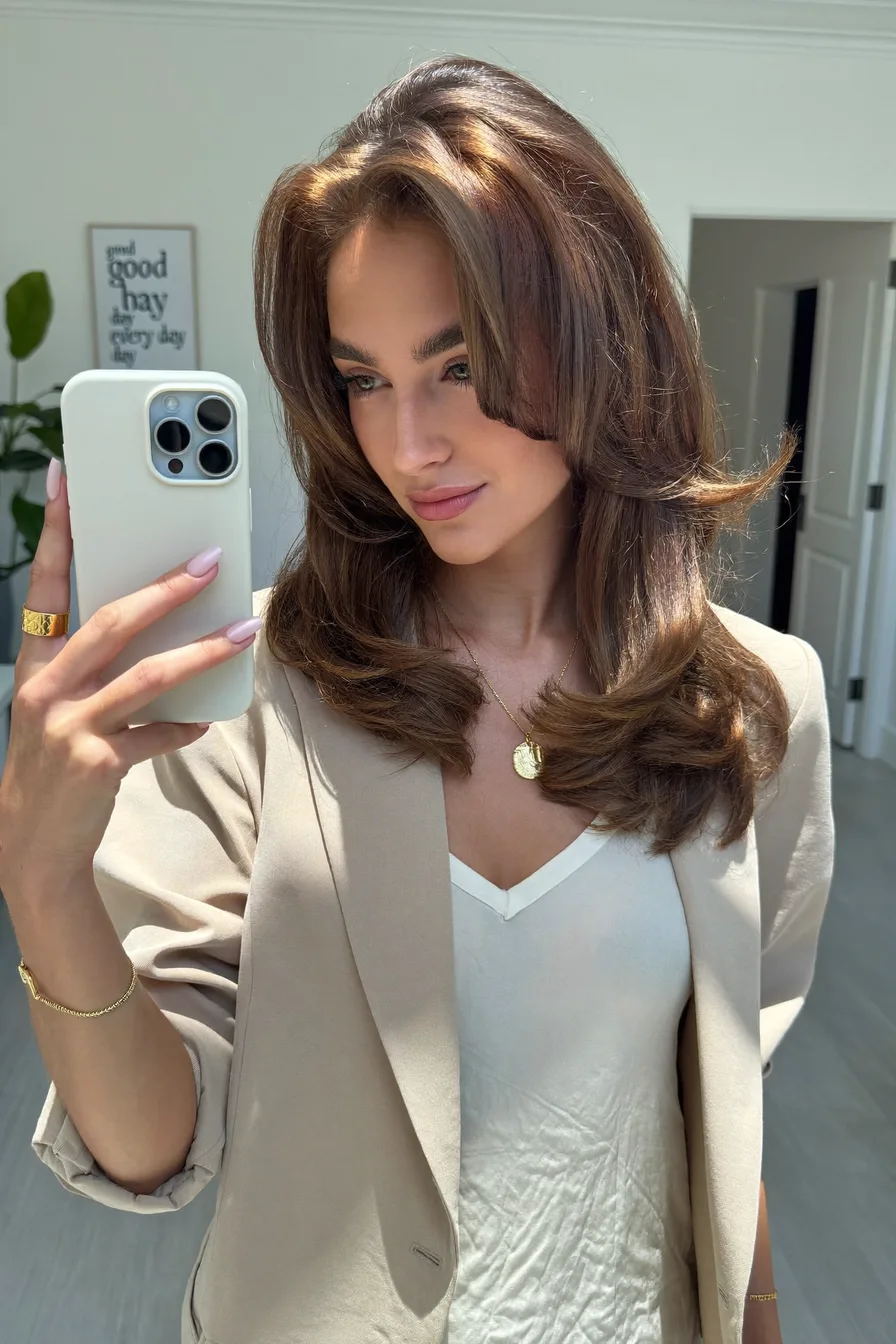 Voluminous Chocolate Brown Long Layered Hair With Face-Framing Layers