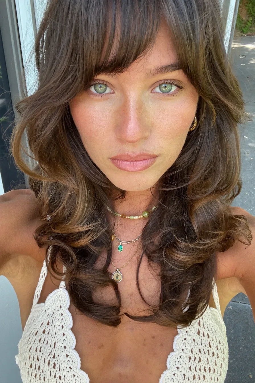 Modern Chocolate Brown Long Layered Haircut with Soft Curtain Bangs