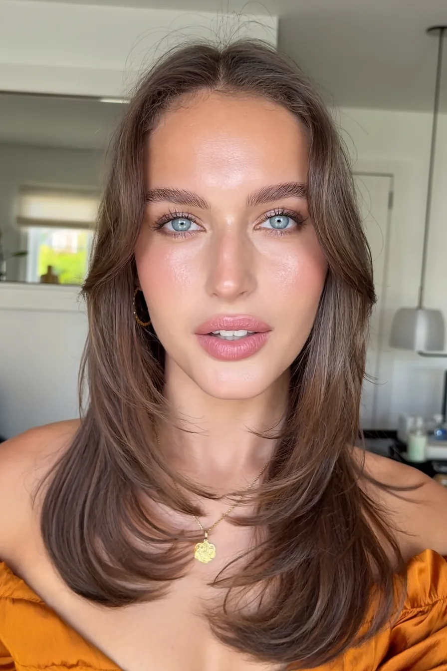 Lustrous Chocolate Brown Long Layered Cut with Face-Framing Layers