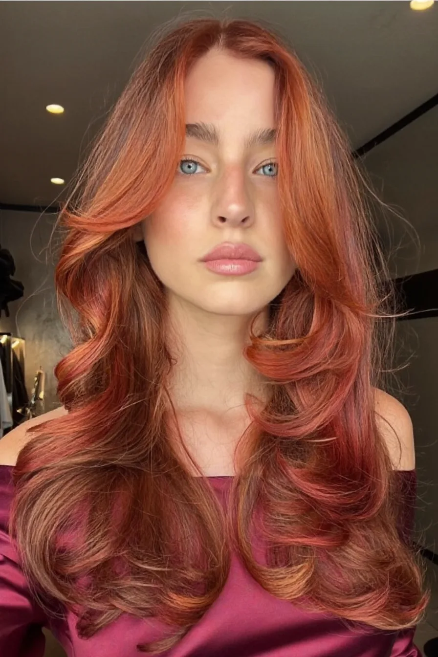 Lustrous Copper Red Long Layered Hair with Face-Framing Waves
