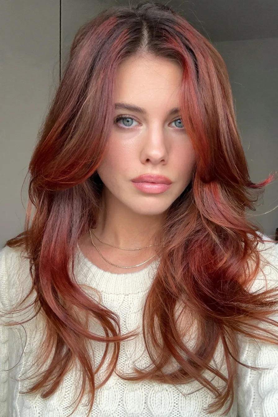 Softly Tousled Copper Red Long Layered Hair with Face-Framing Waves
