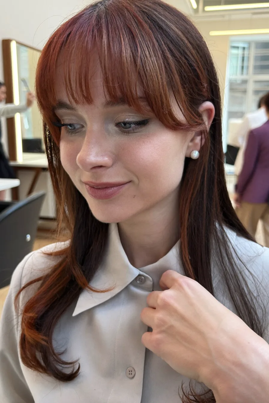 Soft Fringe Copper Red Long Layered Hair with Face-Framing Detail