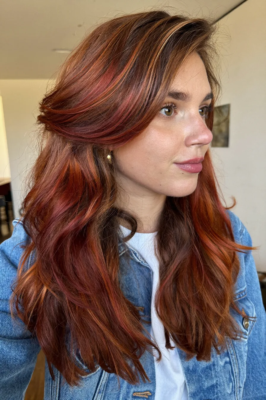 Softly Tousled Copper Red Long Layered Haircut with Face-Framing Highlights