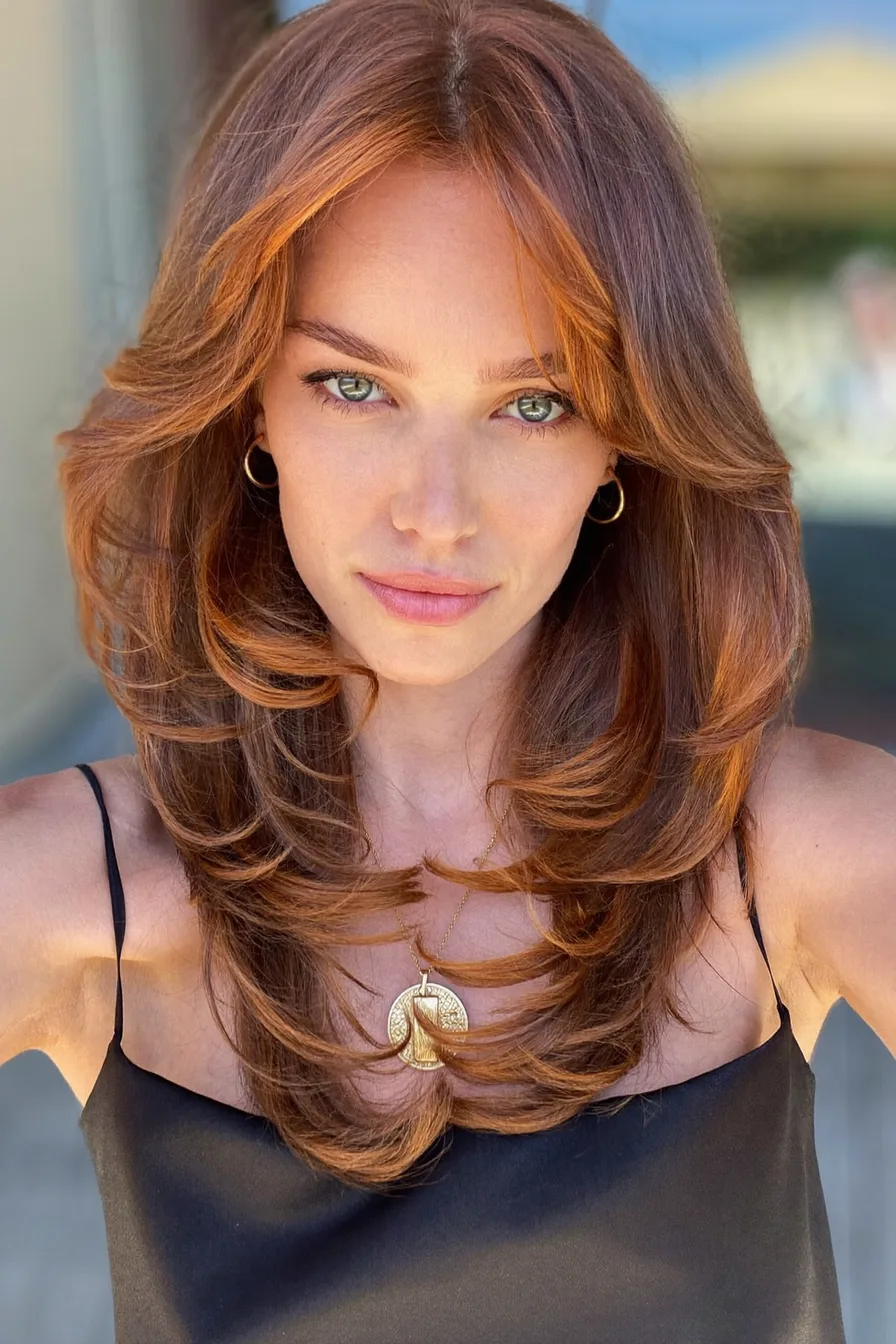Voluminous Copper Red Long Layered Hair with Face-Framing Waves