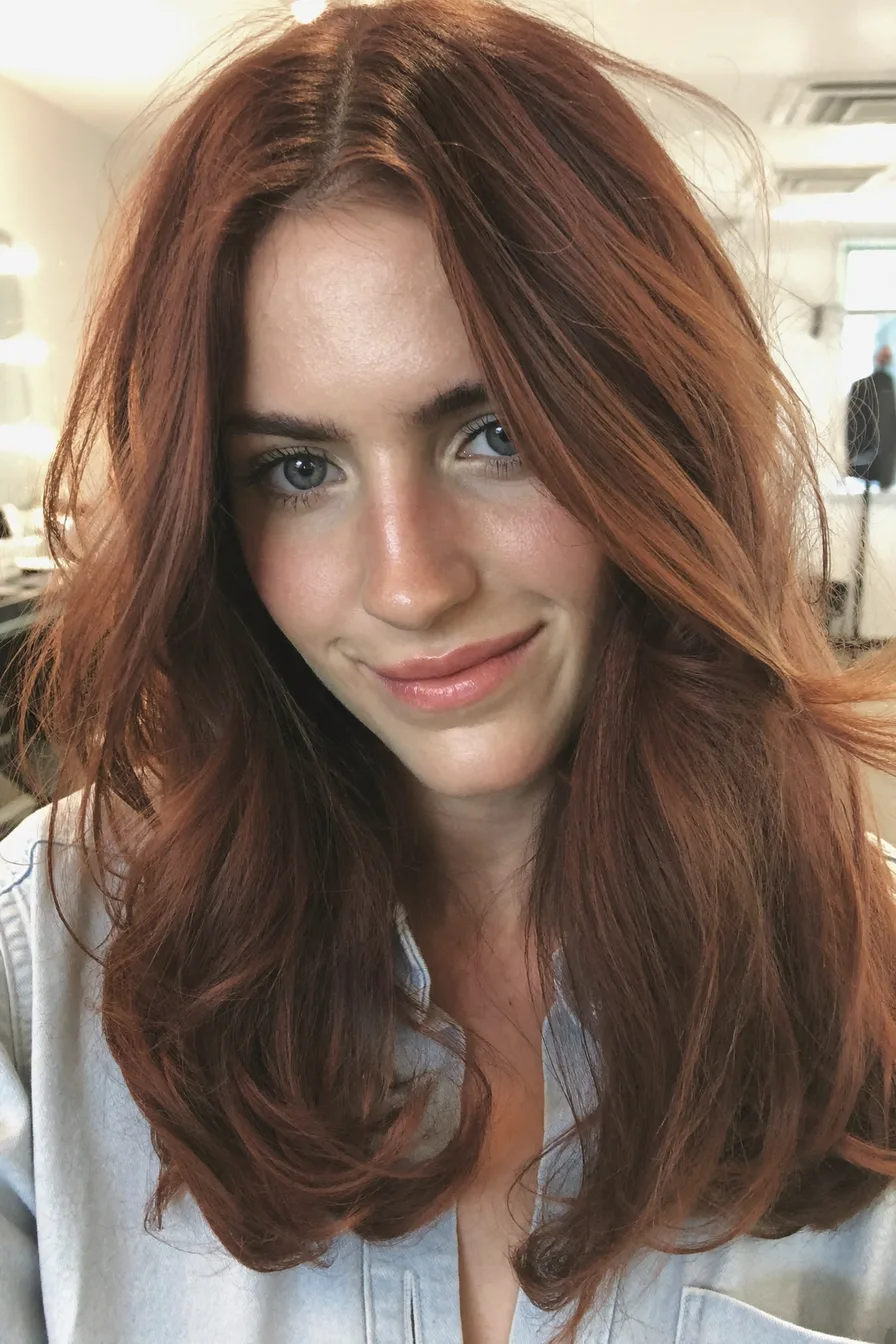 Soft and Voluminous Copper Red Long Layered Haircut for Modern Elegance