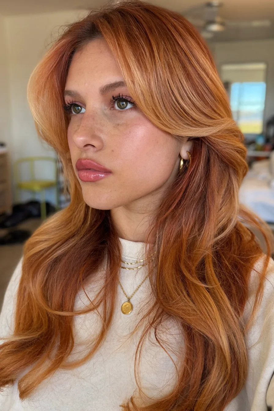 Face-Framing Copper Red Long Layered Cut with Soft Waves